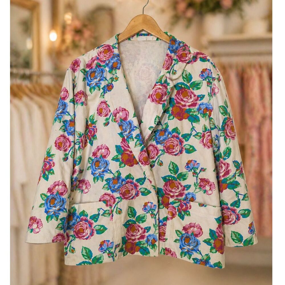 Vintage Candie’s Oversized Floral Denim Blazer Cottagecore Jacket M 90s RARE